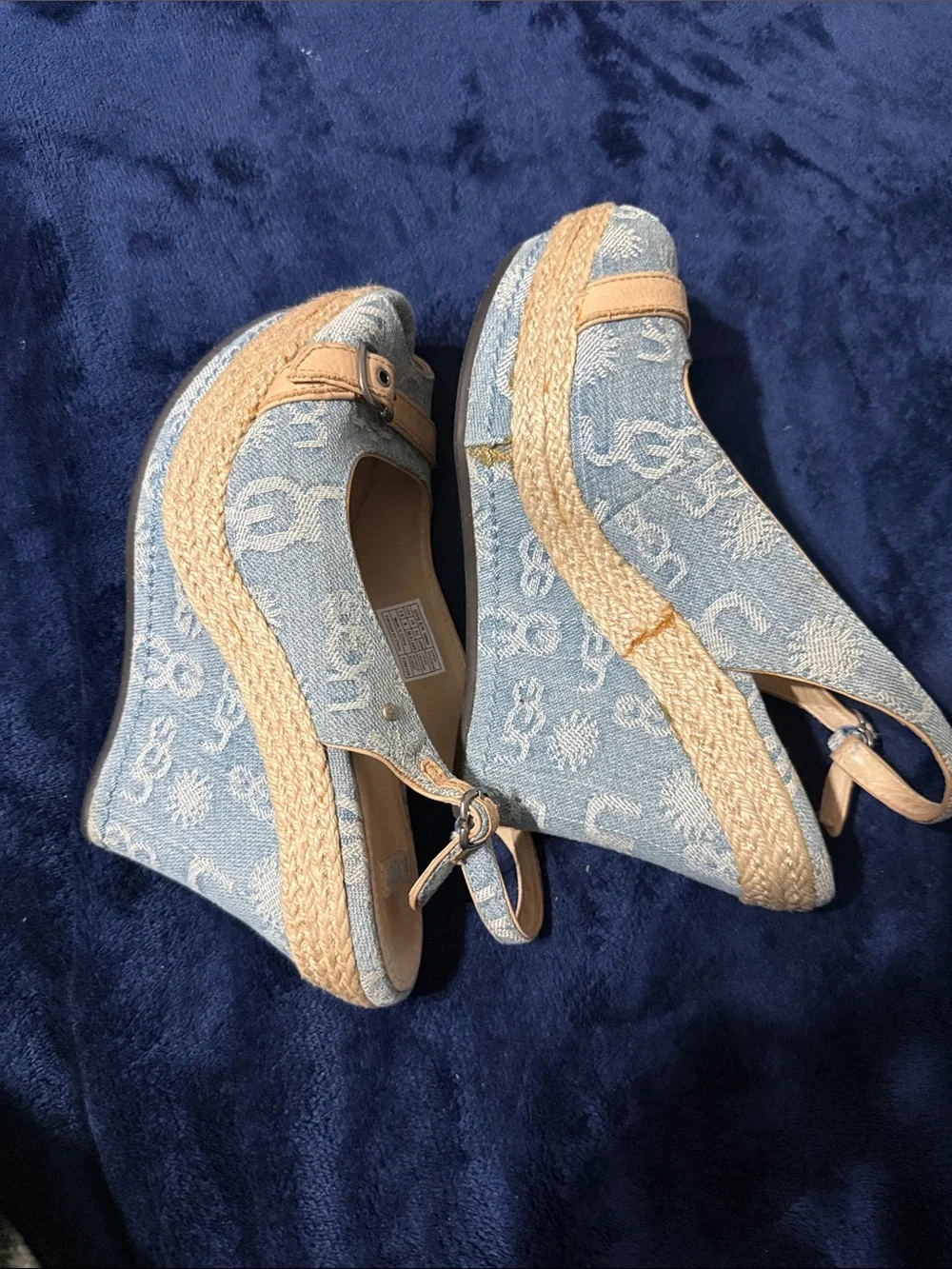 UGG Light Blue Denim Espadrille Wedge Slingbacks with Tan Trim